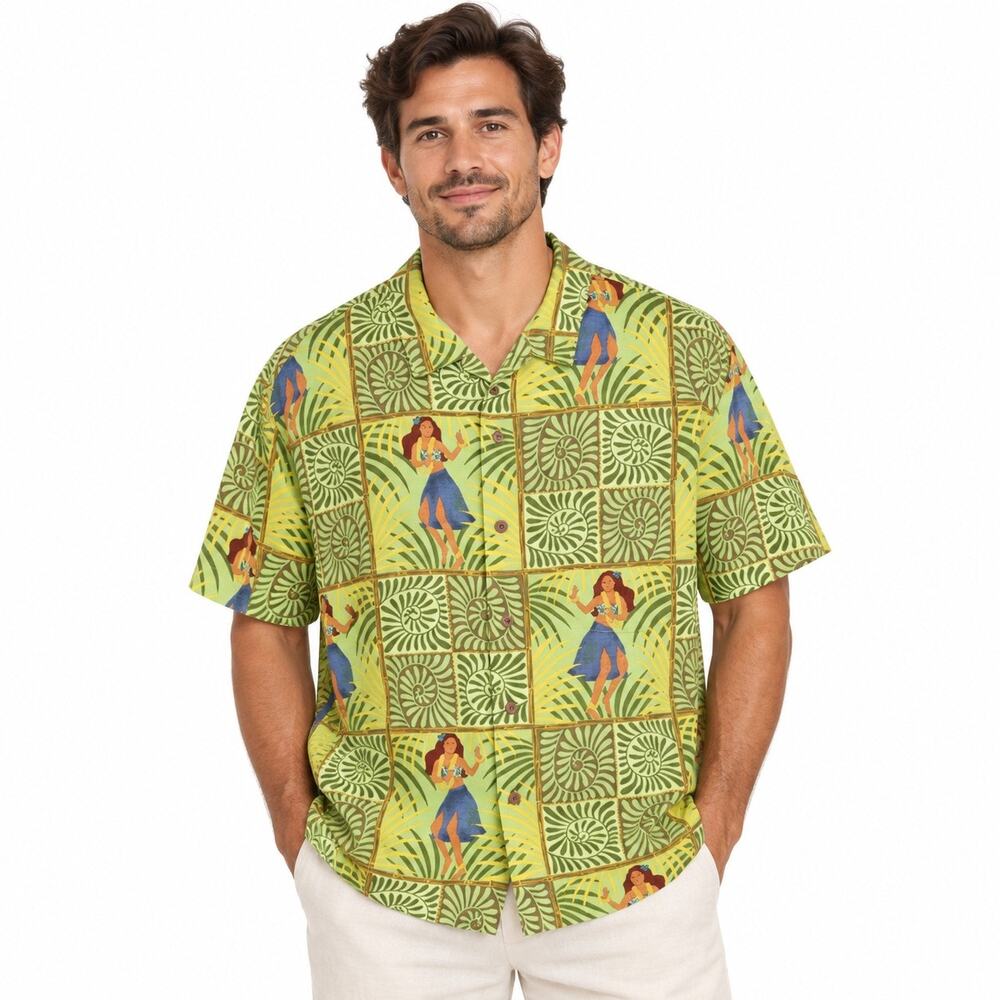 Tommy Bahama Hawaiian Shirt Men's L Hula Girl Silk Camp Tropical Green